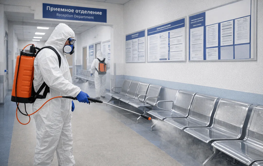 Экстренная дезинфекция помещений поликлиники.