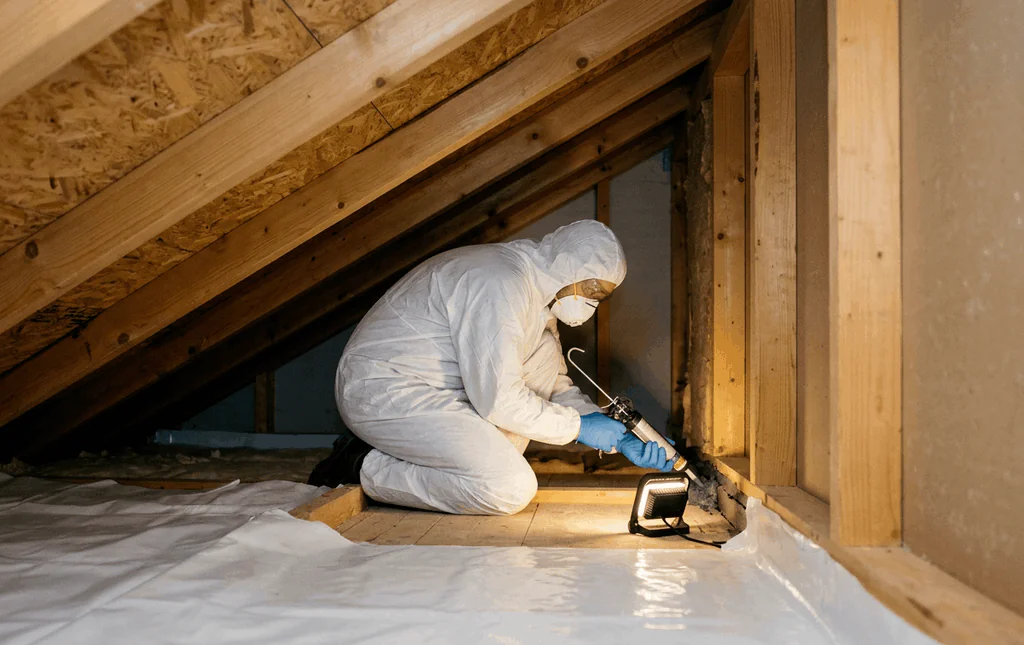 Герметизация мест проникновения летучих мышей на чердаке.