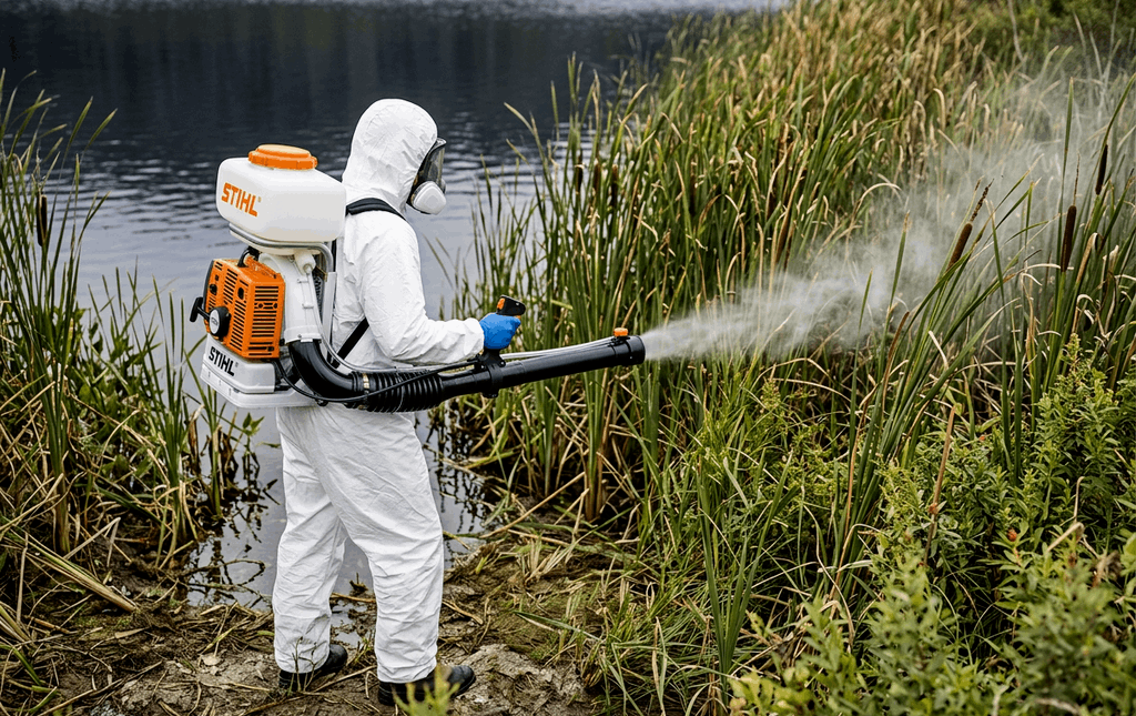 Дезинсекция участка возле водоёма от слепней.